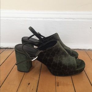 Green velvet block heels